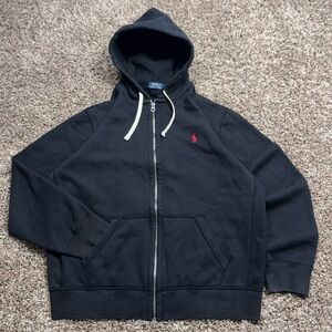 Polo Ralph Lauren Black Fleece Full Zip Hoodie Mens XL Red Pony Logo Boxy